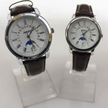 Nary Fashionable Faux Leather Couple Watch Quartz White Dial Watch