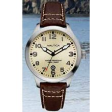 Nautica Men`s Watch W/ Dark Brown Leather Wristband & Cream Beige Dial