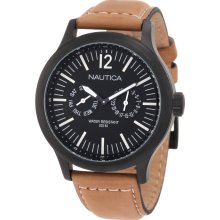Nautica Mens South Coast Multifunction Stainless Watch - Brown Leather Strap - Black Dial - N13602G