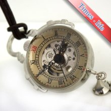 Necklace Pocket Watch Mechanical Leather Chain Bell Pendant Skeleton Ball Hours