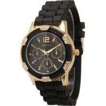 NEW Black/Gold Geneva Silicone Rubber Chronograph Designer Watch with Crystals