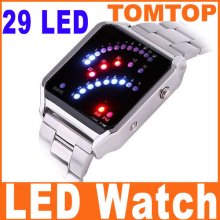 New Digital 29 LED Blue&Red Light Watch Stainless Steel