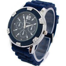 NEW Navy/Silver Geneva Silicone Rubber Chronograph Designer Watch with Crystals
