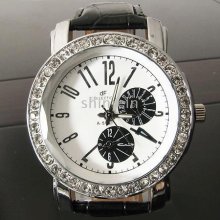 New Quartz Women Ladies Crystal White Dial Black Leather Wrist Watch