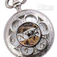 New Silver Antique Skeleton Mechanical Men Pocket Watch