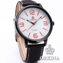 Orkina Mens Luxury Stainless Steel Case Leather Quartz White Dial Sport Watch