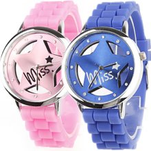 Pair of Hollow Out Pattern Star Design Quartz Wrist Watches with Crystal Decoration - Blue and Pink