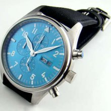 Parnis 42mm Blue Dial White Digital Full Chronograph Watch Quartz Movement