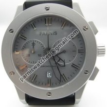 Parnis 44mm Black Dial Chronograph Quartz Mens Watch Gray Sandblast Dial Rubber