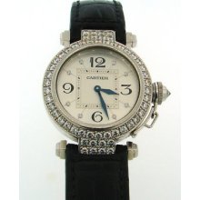 Pasha De Cartier Diamond & White Gold / Black Strap Ladies Watch - Super Chic