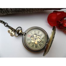 Personalized Bronze Mechanical Pocket Watch, Pocket Watch Chain - 2 Bronze Letter Charms - Groomsmen Gift - Item MPW662-SBCC