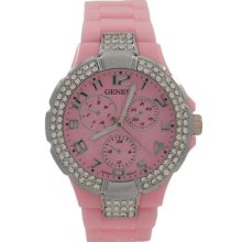 Pink Acrylic Band And Silver Bezel With Crystals Geneva Watch For Women