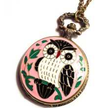 Pink Vintage Owl Pocket-Watch - Antique Bronze Chain, Large Charm, Black / Green / Peach Enamel, Floral Filigree, Includes 30