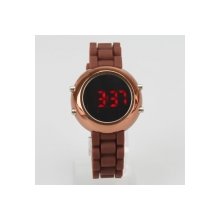 Popular Silicone Band Stainless Steel Case Digital Red LED Light Sports Style Round Mirror Face Wrist Watch Brown
