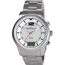 Precision Men's Radio Controlled Watch With White Dial Analogue - Digital Display And Silver Stainless Steel Bracelet Prew1115