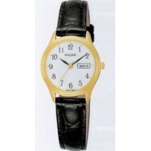 Pulsar Ladies` Goldtone Watch W/ Black Strap & White Dial