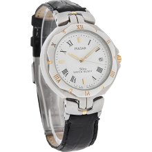 Pulsar Mid-Size White Dial Black Leather Quartz Band Watch PXD210