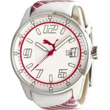 Puma Womens Race Cat White & Red Dial Stainless Steel Case Leather Strap Watch