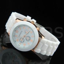 Quartz Movement Sports Wrist Watch Wristwatch White Silicone Wristband Men