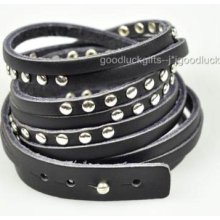 R&b 3 Rounds Studded Black Leather Charm Bracelet Cuff