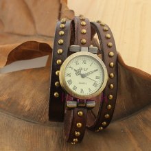 Retro Rome Style Rivet Leather Bracelet Quartz Lady/girl/boy Unisex Wrist Watch