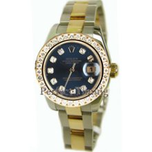 Rolex Datejust Ladies Steel & 18K Yellow Gold New Heavy Style Oyster Band Model 179163 w/ Custom Added 1.5ct Diamond Bezel and Blue Diamond Dial