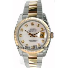 Rolex Datejust Men's Unused Heavy Oyster Band/Flip-Lock Clasp Model 116233 In Box with Papers and Tags, Custom Mother of Pearl Diamond Dial and Bezel