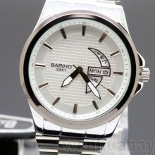 Round Dial Day Date Stainless Steel Mens Womens Lady Quartz Wrist Watch Gift