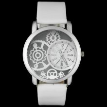 Round Dial Leather Band Quartz Unisex Wrist Watch (White) - White - Stainless Steel