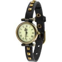 Round Dial PU Leather Band Analog Quartz Watch (Black) - Black - Leather