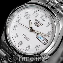 Seiko 5 Mens Automatic Watch White Numbered Dial - Box & Warranty - Uk