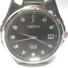 Seiko Mens Diamond Black On Black & Silver Date Solar Bracelet Watch Sne153