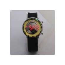 Shining Crystal Silicone Band Steel Case Digital Display Red LED Light Wrist Watch Black