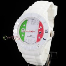 Shiny White Design Italian Flag Case Watch Date Unisex Women Boy Silicone