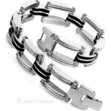 Silver Black Rubber Solid Stainless Steel Men Link Bracelet Vc921