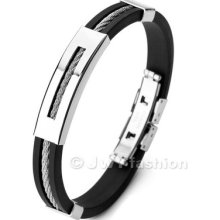 Silver Stainless Steel Bracelet Bangle Cuff Wrist Men Rope Black Rubber Xb0052