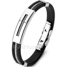 Silver Stainless Steel Bracelet Bangle Cuff Wrist Men Rope Black Rubber Us39b005