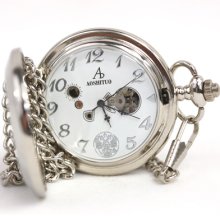 Silver Tone Mechanical Pocket Watch Chain Russian Army Red Star Flag
