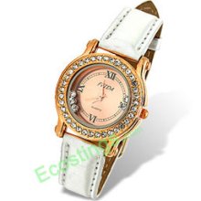 Silvery Leather Band Rhinestone Golden Dial Woman's Watch