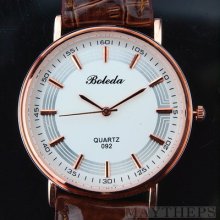 Simple Fashion Mens Ultra Thin Rose Gold Case Brown Leather Quartz Wrist Watch