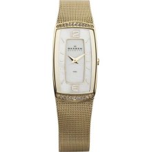 Skagen 887sgg Women's Gold Tone Mop Dial Rectangular Mesh Band Watch