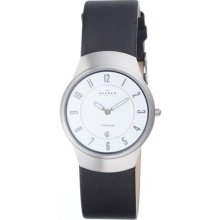 Skagen Denmark Mens White Dial Date Window Titanium Case Black Leather Watch