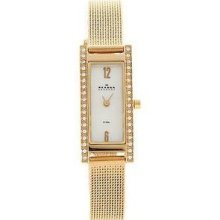 Skagen Denmark Womens Glitz Rectangle Case Mop Dial Gold Tone Mesh Watch