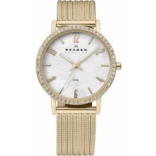 Skagen Denmark Womens Slim White Mop Dial Crystal Accented Gold Tone Mesh Watch