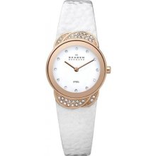 Skagen Denmark Womens White Dial Crystal Accented Rose Tone Case Leather Watch
