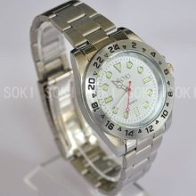 Soki White Dial Mens Fluorescence Analog Quartz Wrist Steel Band Watch W125