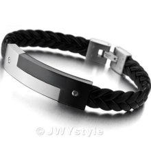 Stainless Steel Bangle Bracelet Wrist Chain Men Silver Black Leather Us39b0169
