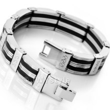 Stainless Steel Bangle Bracelet Chain Men Silver Black Solid Rubber Us390125