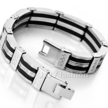 Stainless Steel Bangle Bracelet Chain Men Silver Black Solid Rubber Xb0125