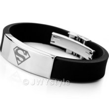 Stainless Steel Bangle Bracelet Cuff Men Silver Superman Black Rubber Us39b0091